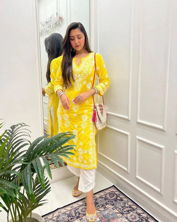 Yellow Designer Chikankari Special Kurta With Pan Set